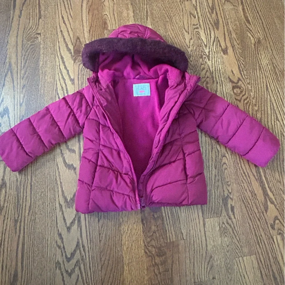 The Children’s Place Pink Puffer Jacket Faux Fur Hooded Winter Coat Toddler 3T